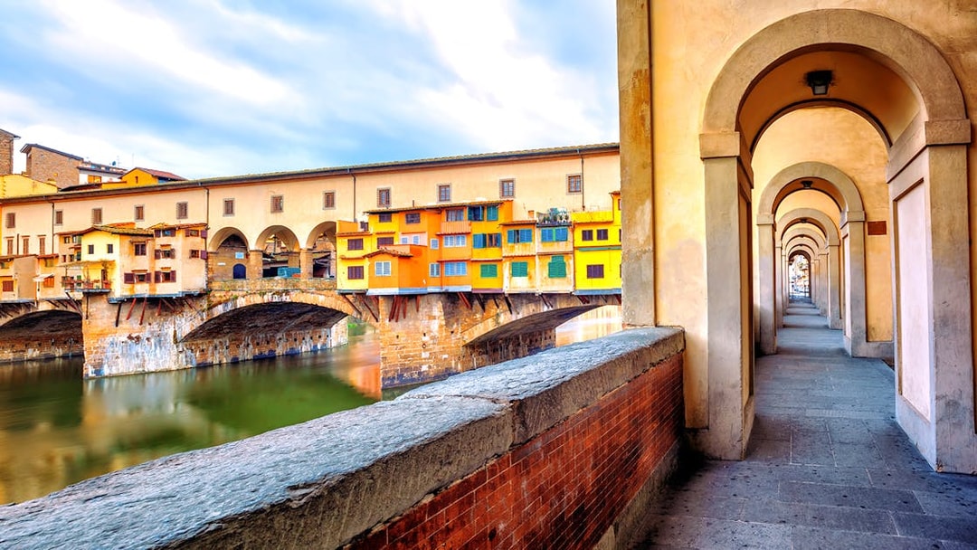 Vasari Corridor view with Ponte Vecchio in Florence, Italy.