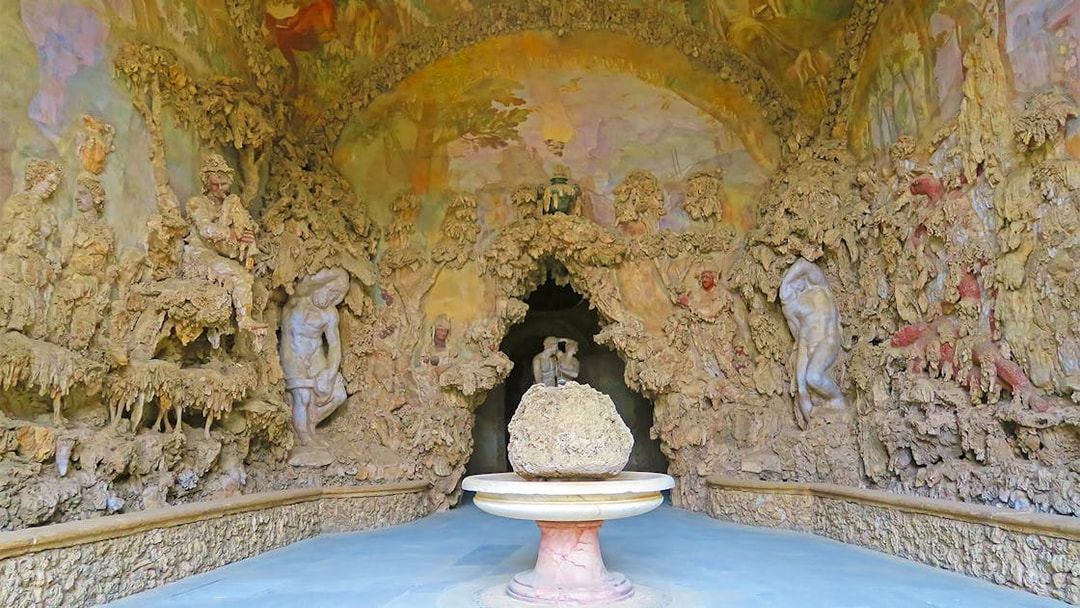 Grotta del Buontalenti interior with intricate sculptures, Boboli Gardens, Florence.