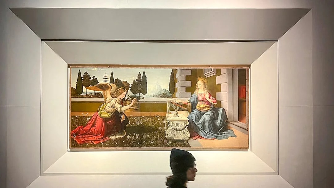 Annunciation painting by Leonardo da Vinci at Uffizi Gallery, Florence.