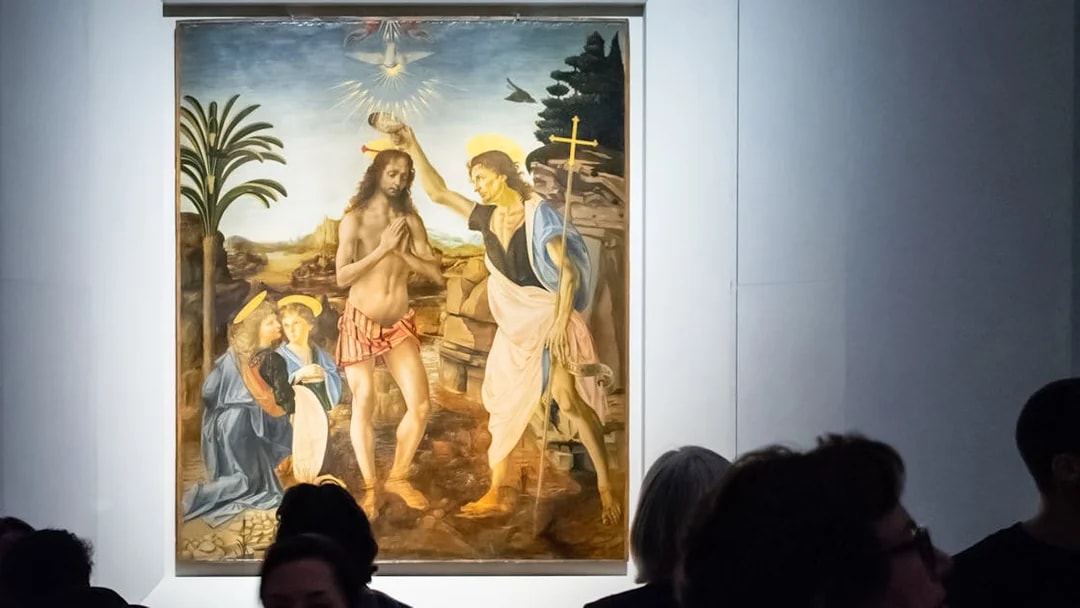 Painting of the Baptism of Christ at Uffizi Gallery, Florence.