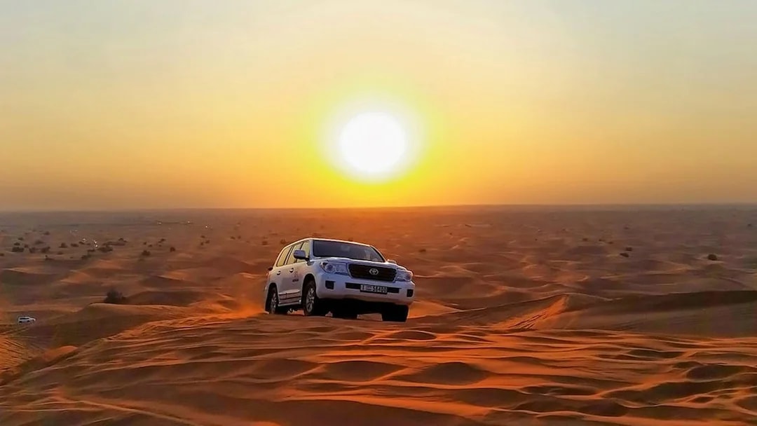 SUV driving over sand dunes at sunset during an evening safari adventure.