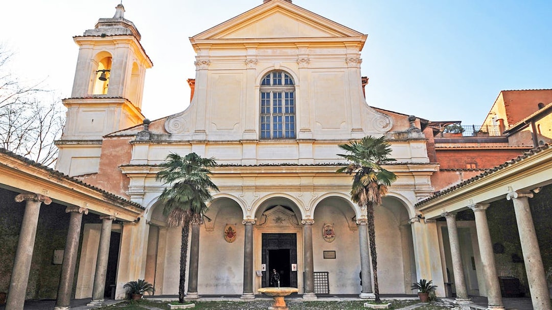 Facade of San Clemente Basilica in Rome, entrance to the underground tour.
