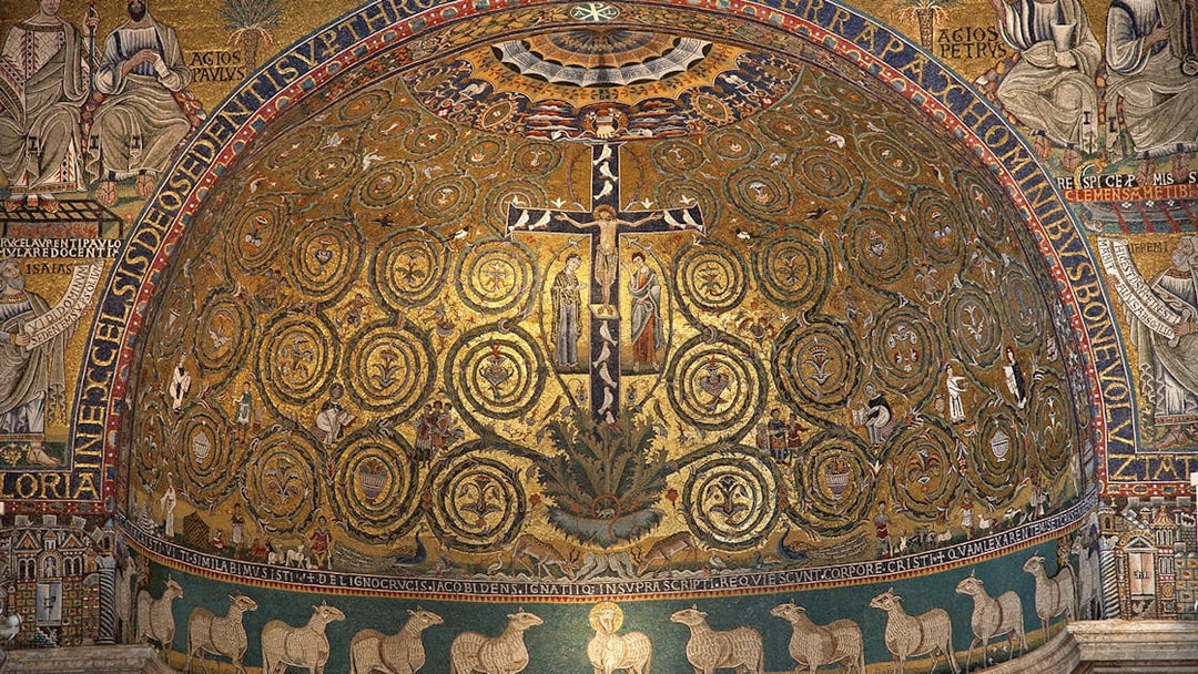 Mosaic ceiling in San Clemente Basilica, Rome, featuring intricate religious artwork.