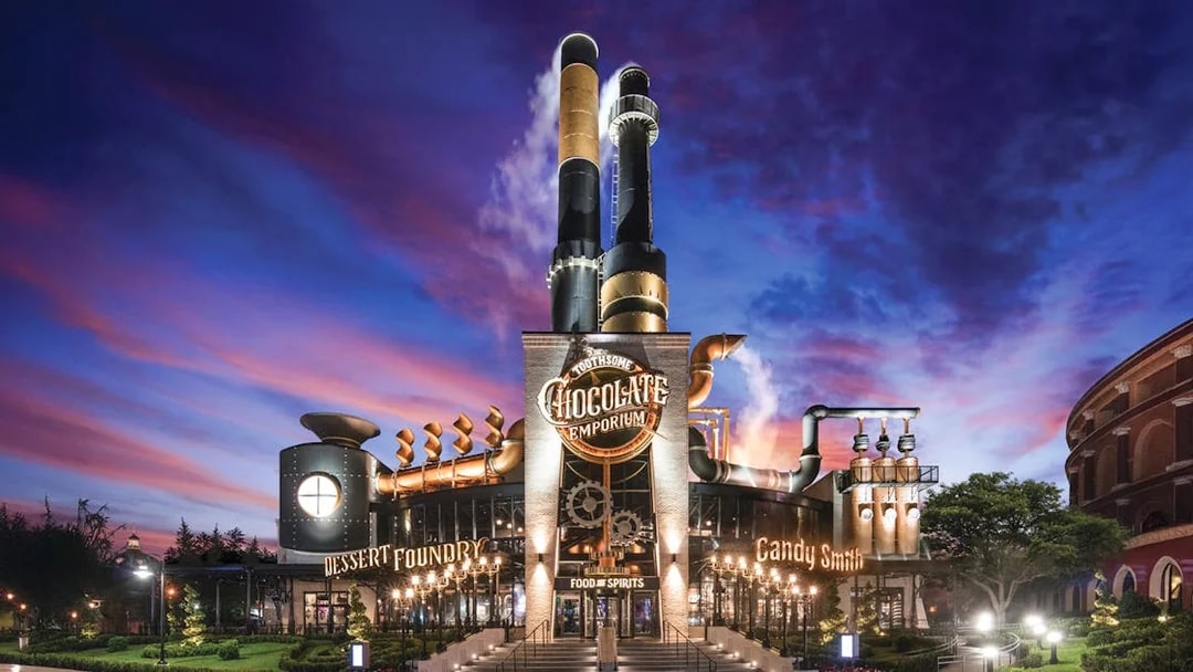 Chocolate Emporium exterior at Universal Studios Resort, Orlando, Florida at dusk.