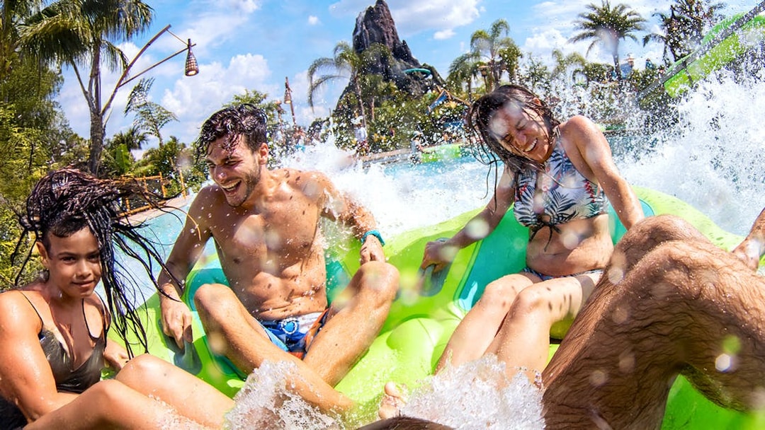 Guests enjoying a water ride at Universal Studios Resort waterpark in Orlando, Florida.