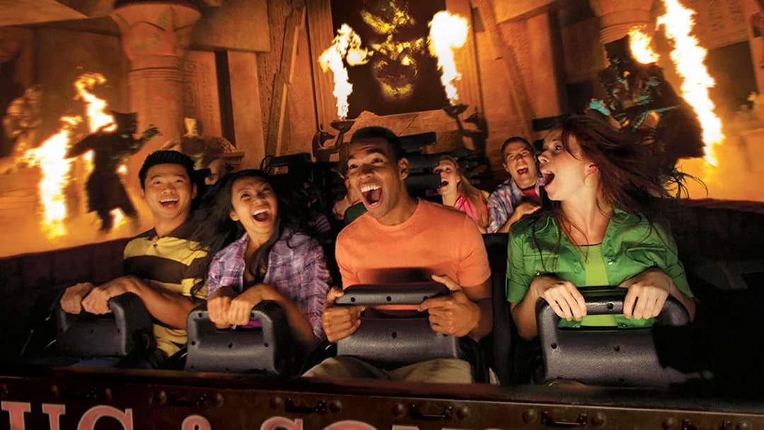 Visitors enjoying a thrilling ride at Universal Studios Hollywood.