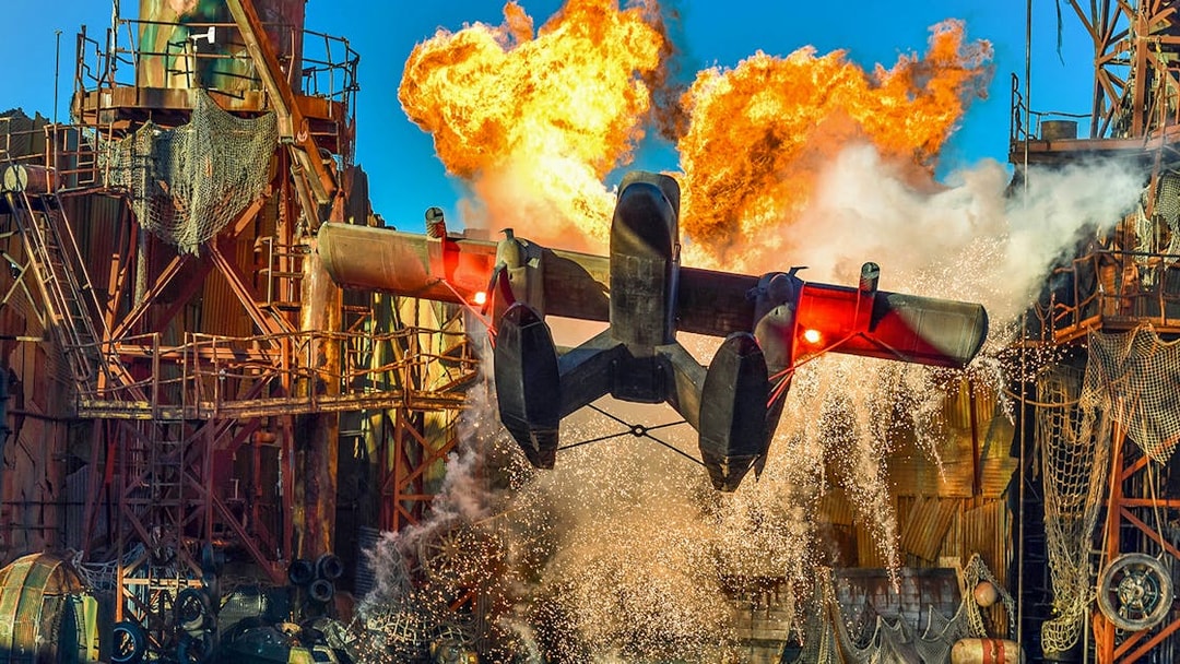 Plane stunt with explosion at Universal Studios Hollywood show.