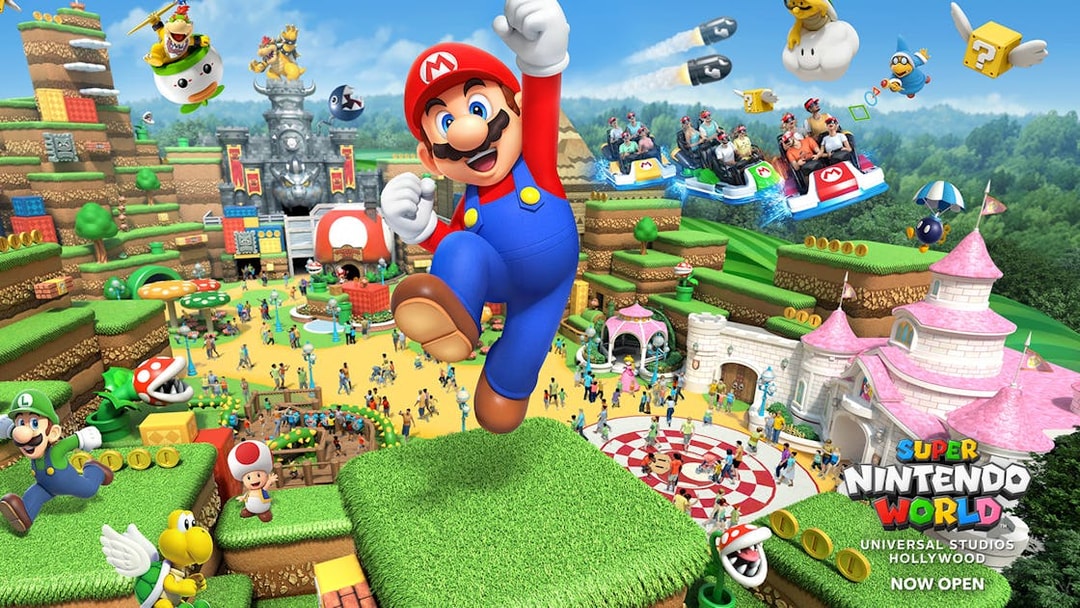 Super Nintendo World at Universal Studios Hollywood with Mario and themed attractions.