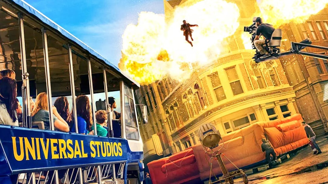 Universal Studios Hollywood tram tour with explosive stunt scene.