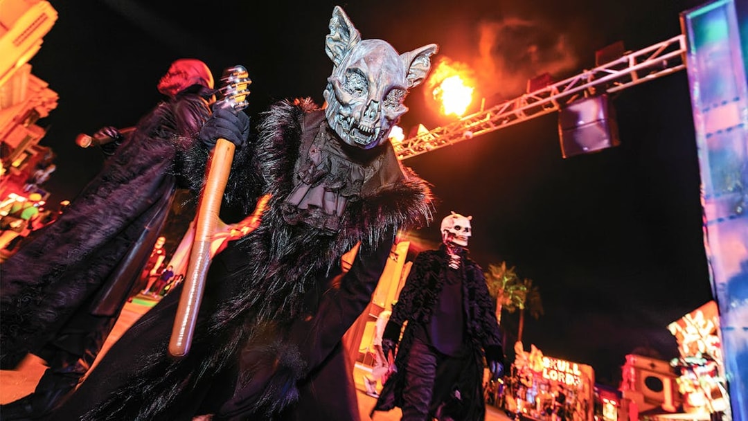 Performers in horror costumes at Hollywood Horror Nights, Universal Studios Hollywood, Los Angeles.