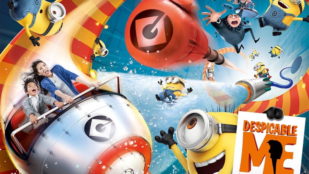 Minions and guests on a thrilling ride at Despicable Me attraction, Universal Studios Japan.