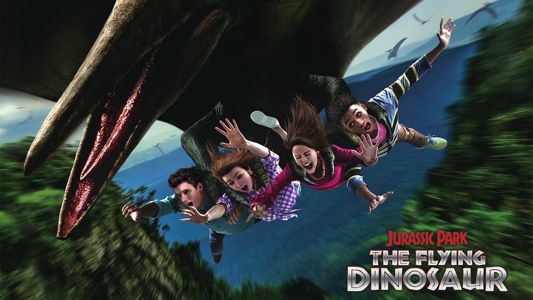Riders on The Flying Dinosaur roller coaster at Jurassic Park USJ.
