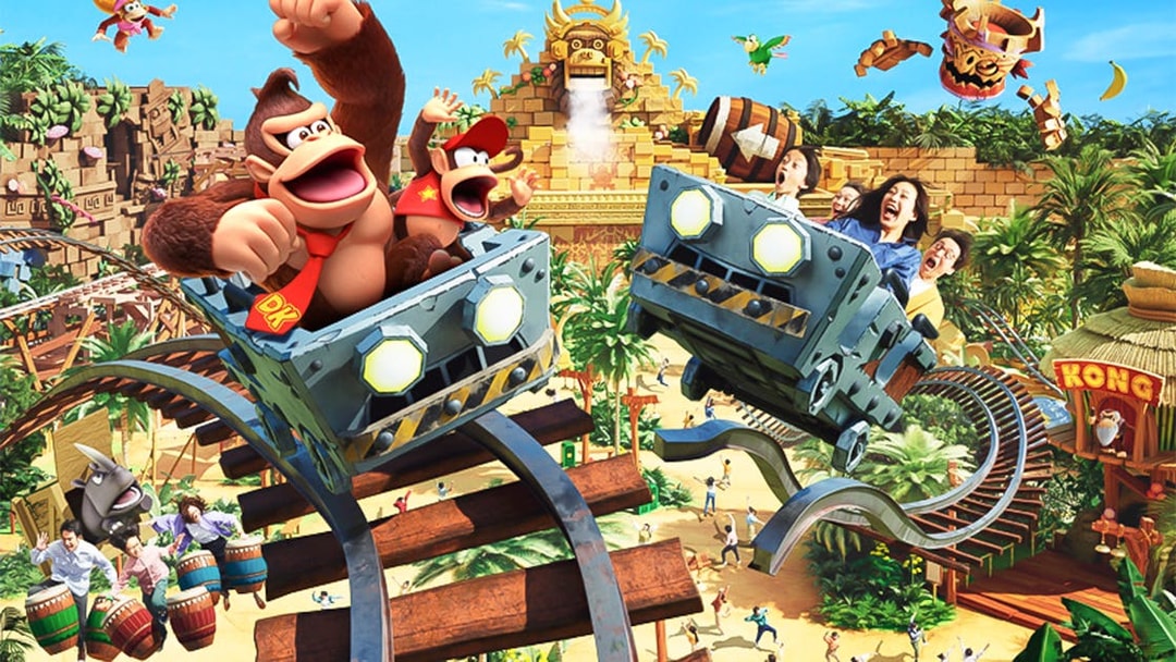 Roller coaster ride with Donkey Kong characters at Universal Studios Japan.