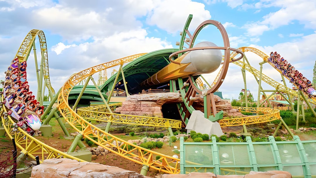Rollercoaster at Epic Universe park, Universal Orlando, with loops and riders.