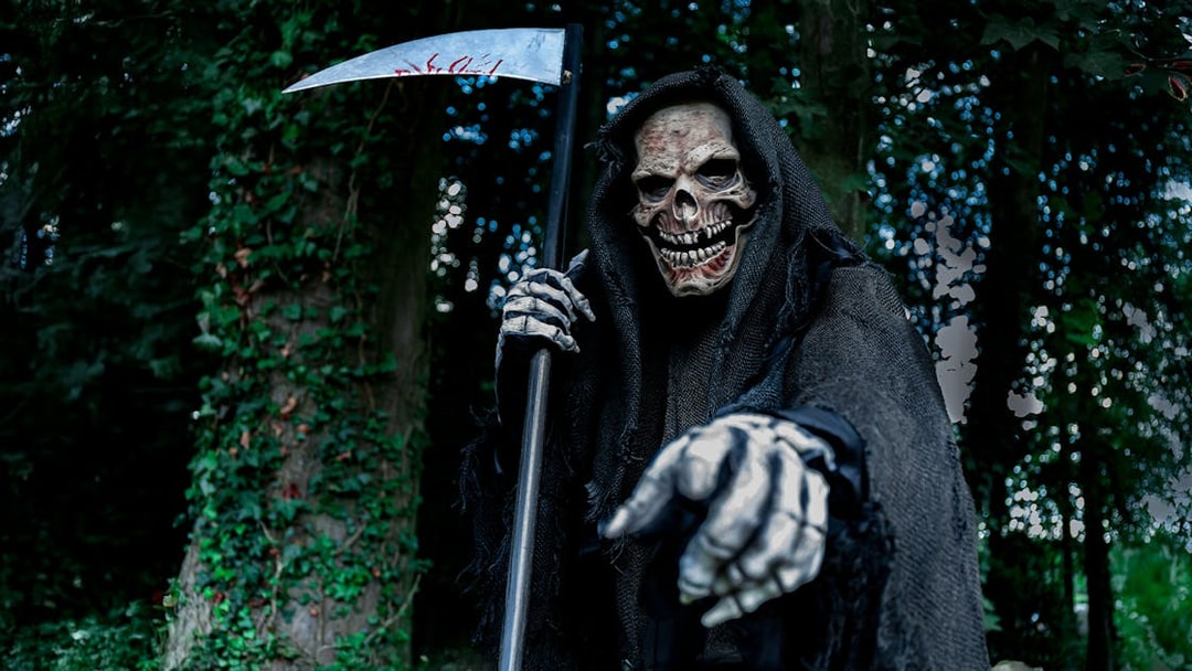 Grim Reaper holding a scythe in a forest setting.
