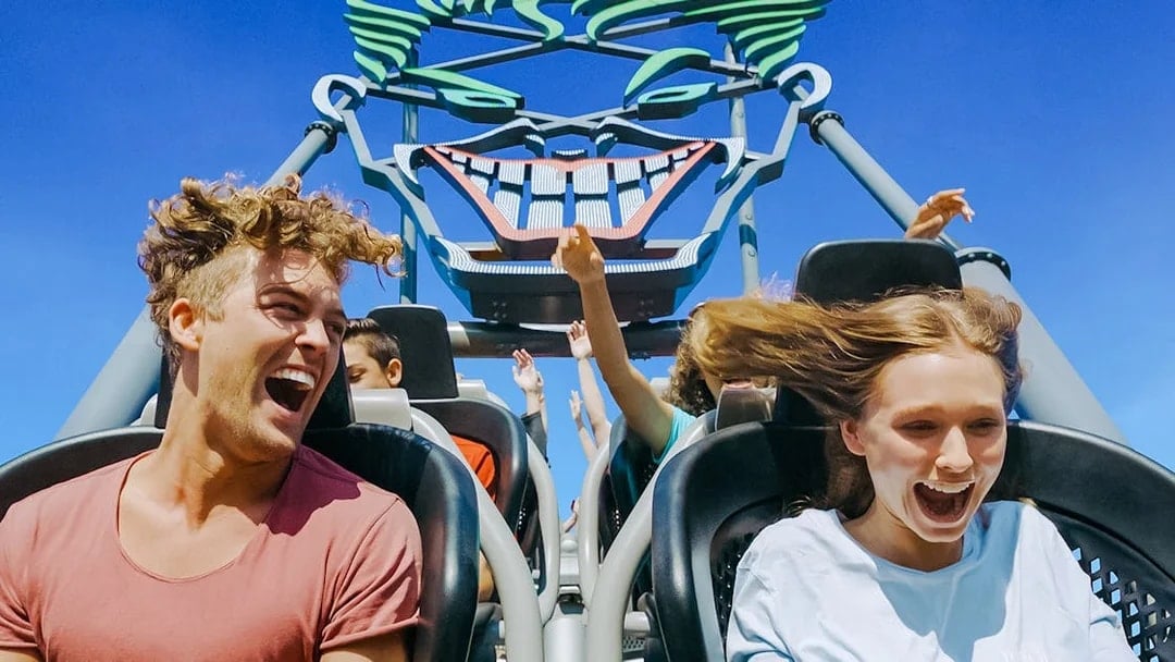 Riders enjoying DC Rivals HyperCoaster at Warner Bros Movie World, Gold Coast.