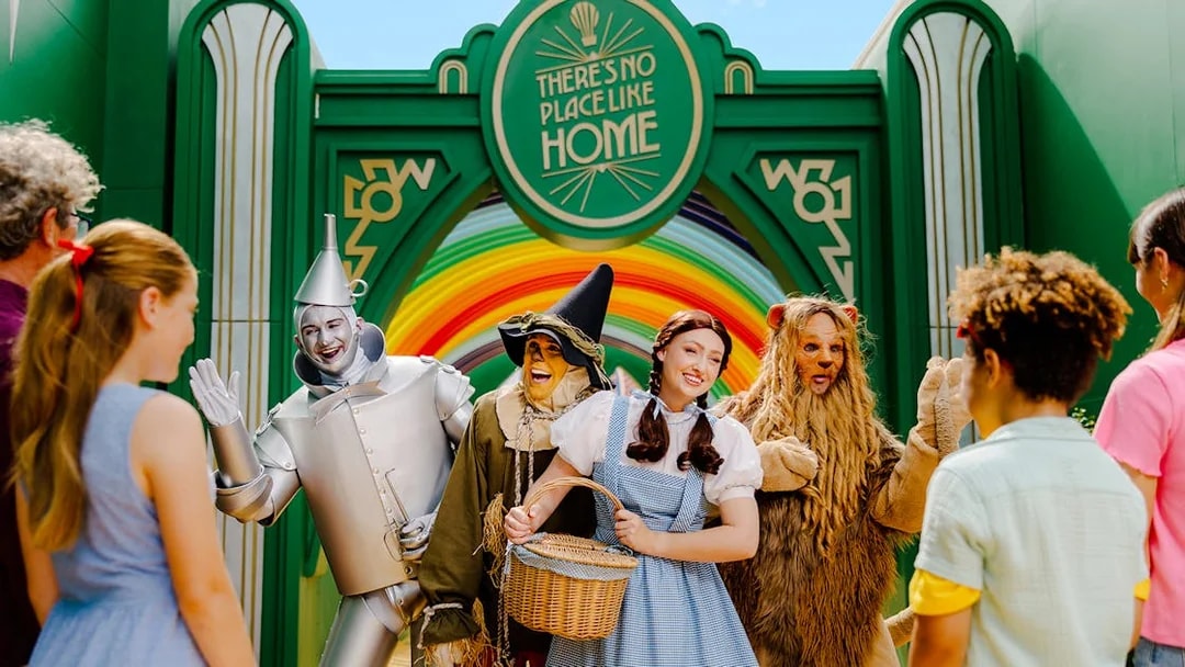 Characters from Wizard of Oz greet visitors at Warner Bros Movie World, Gold Coast.