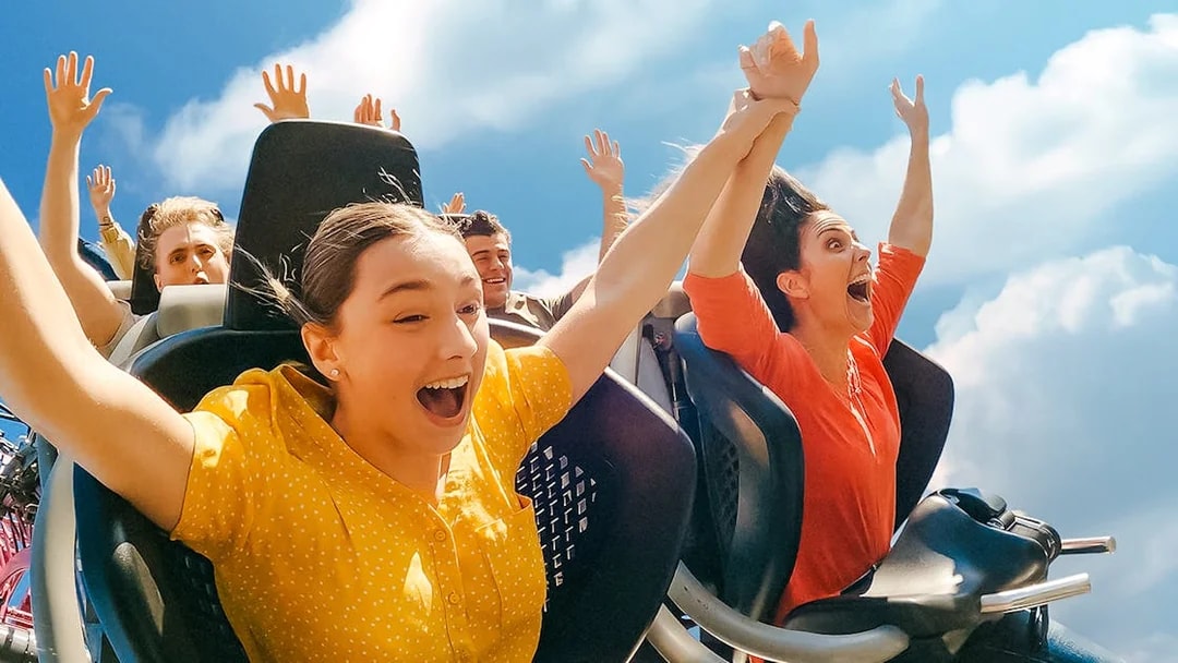 Riders enjoying the DC Rivals HyperCoaster at Warner Bros Movie World, Gold Coast.