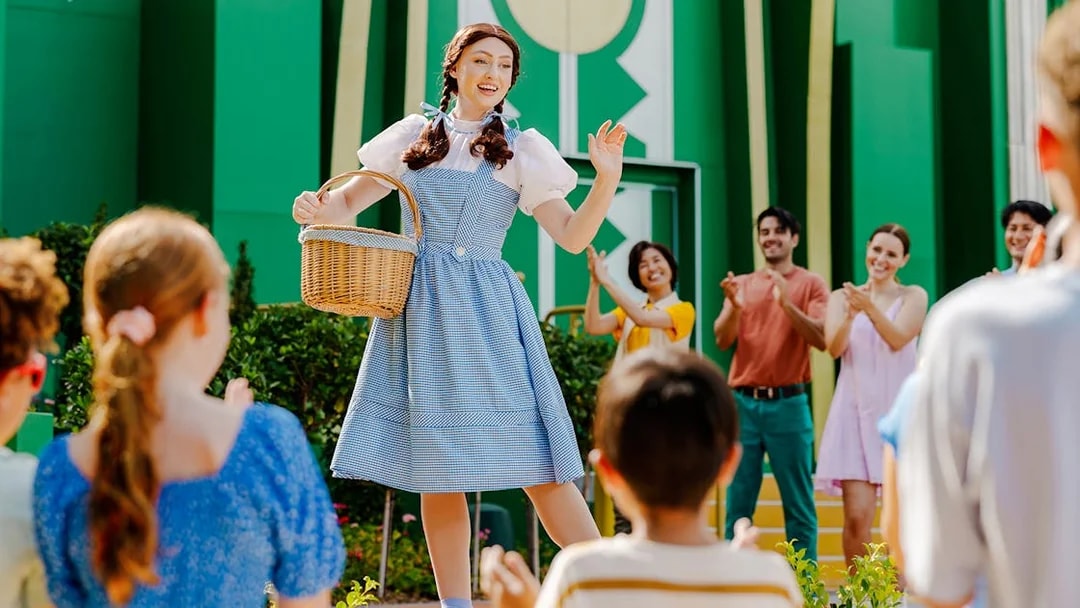 Performer dressed as Dorothy from Wizard of Oz entertaining crowd at Warner Bros Movie World, Gold Coast.