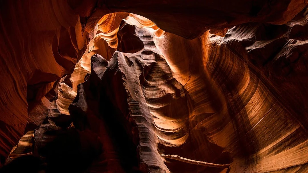 Upper Antelope Canyon sandstone formations with light beams, Arizona.