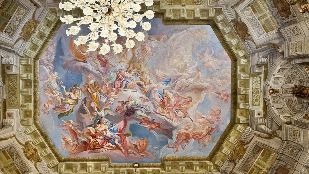 Ceiling fresco at Upper Belvedere Palace, Vienna, depicting mythological figures.