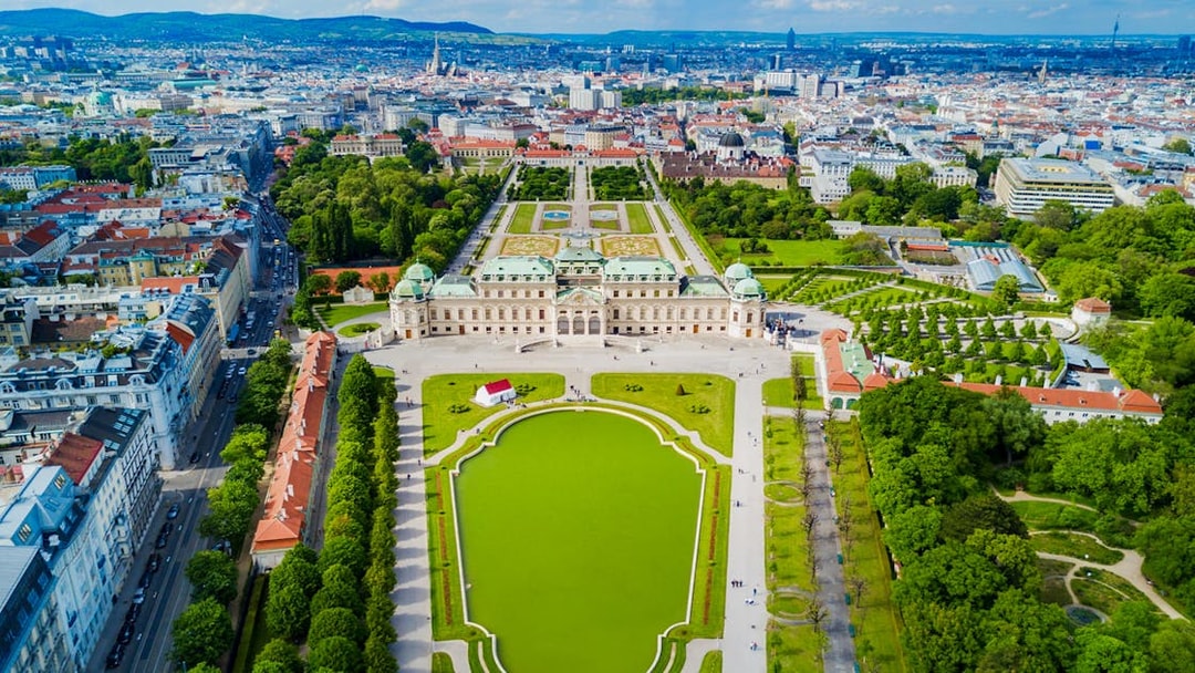 Aerial view of Upper Belvedere Palace and gardens in Vienna, Austria.