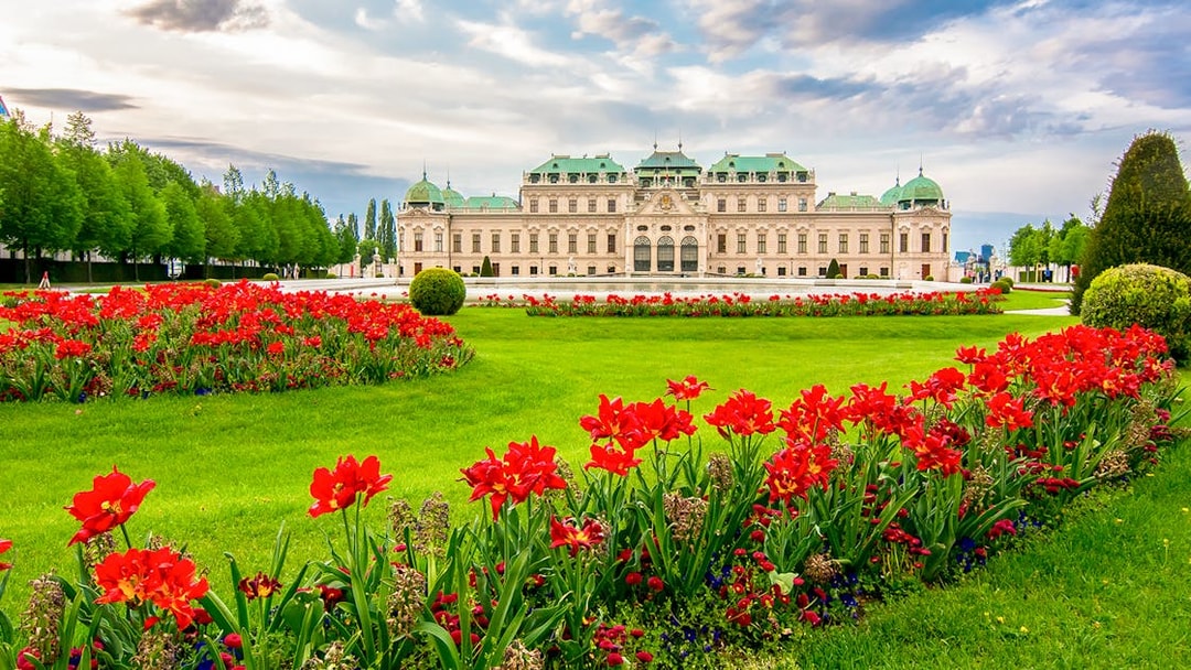 Belvedere Palace gardens with red flowers, Vienna, Austria.