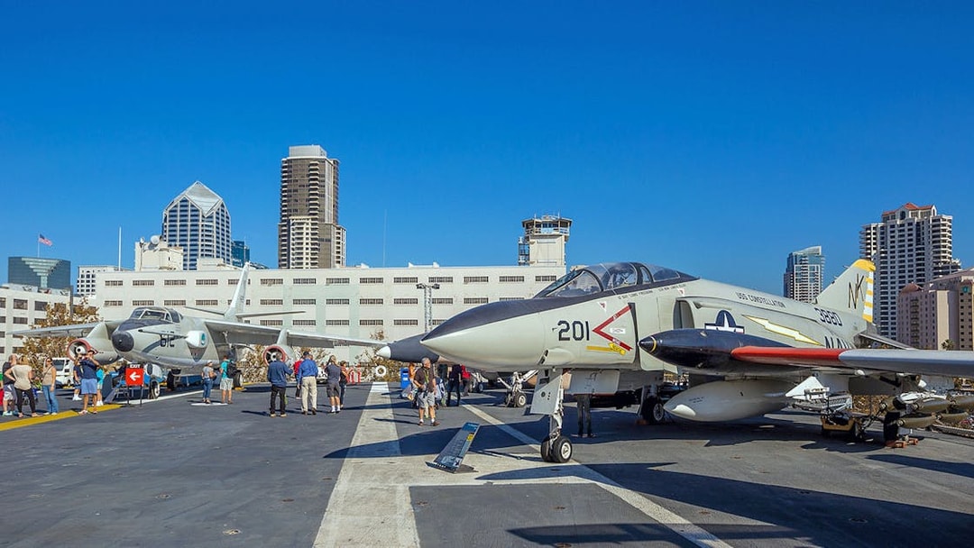 USS Midway aircraft carrier deck with historic fighter jets in San Diego.