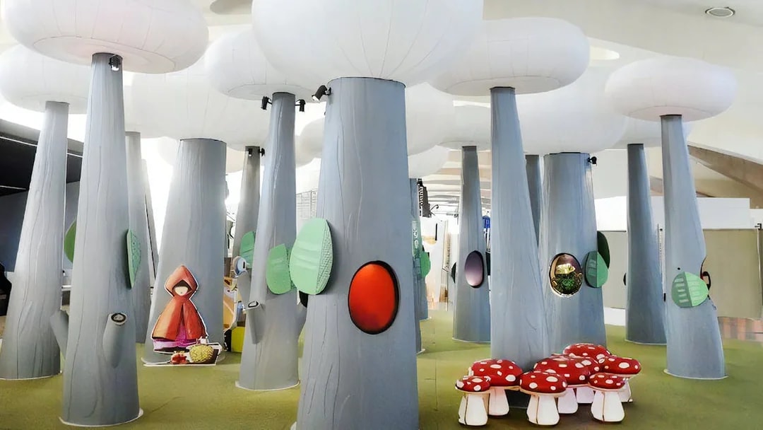 Interactive exhibit with large tree structures at Príncep Felipe Science Museum.