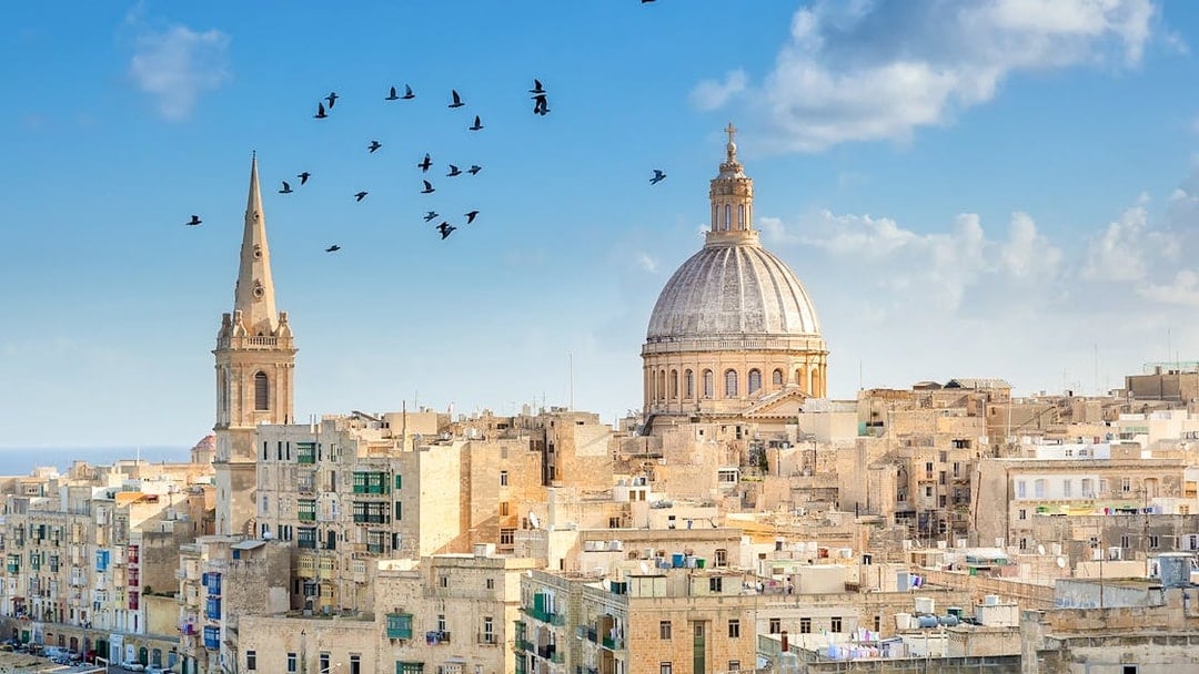 Valletta skyline with St. Paul's Cathedral dome and spire, Malta.
