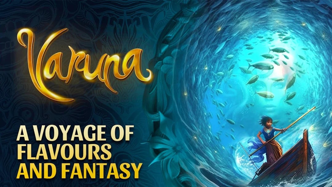 Varuna underwater dining with a child rowing a boat surrounded by fish and a mystical face.