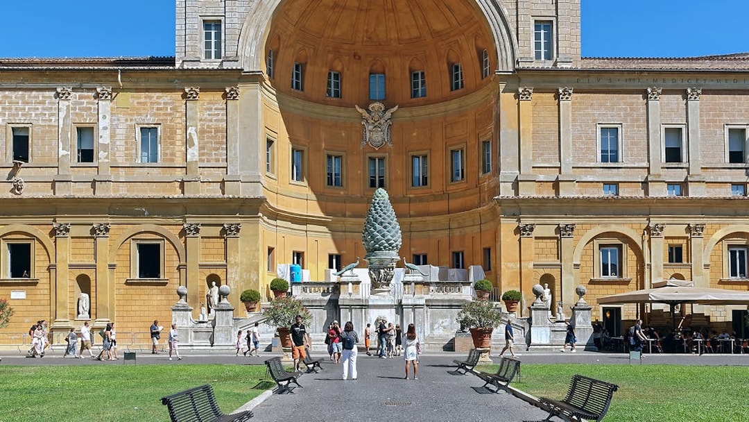 Courtyard of the Vatican Museums in Rome with the Pinecone Sculpture.