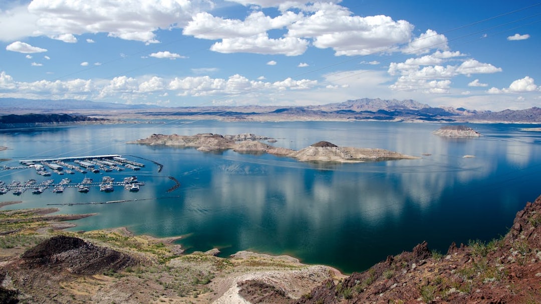 Lake Mead view with marina and distant mountains, seen during Grand Canyon West Rim tour from Las Vegas.