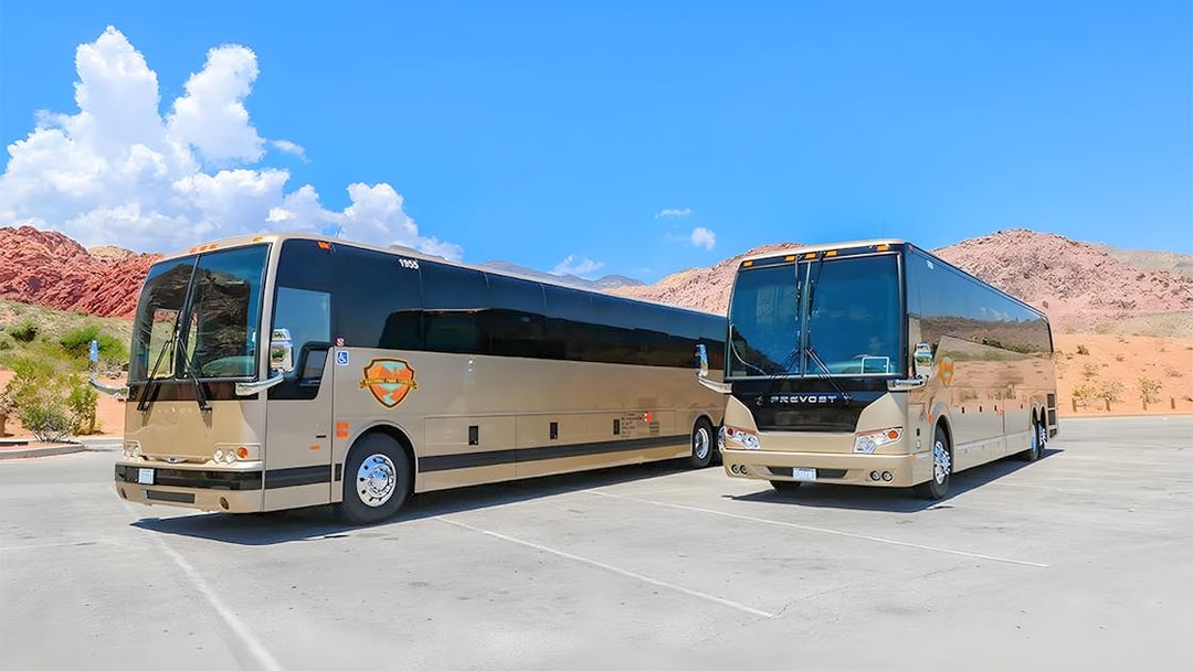 Tour buses parked at a scenic stop during a Las Vegas to Grand Canyon West and Hoover Dam tour.