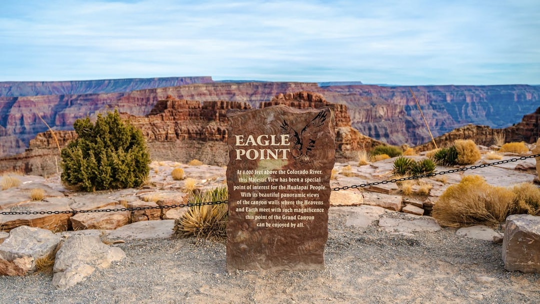 Eagle Point sign with Grand Canyon view, Arizona, USA.