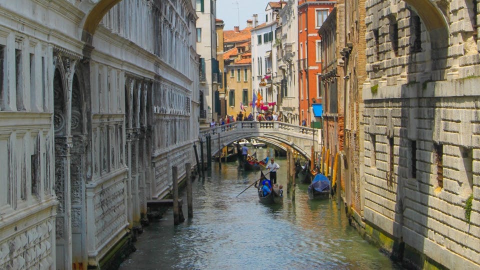 Gondolas on a canal near the Bridge of Sighs in Venice, Italy.