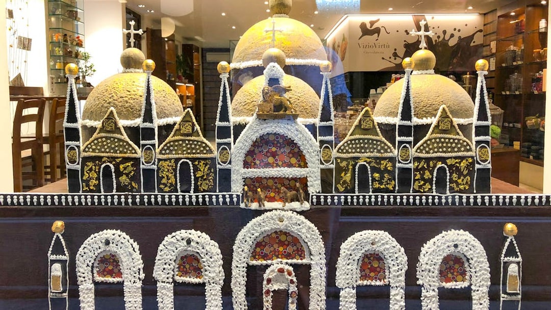 Chocolate sculpture of St. Mark's Basilica in a Venice shop window.