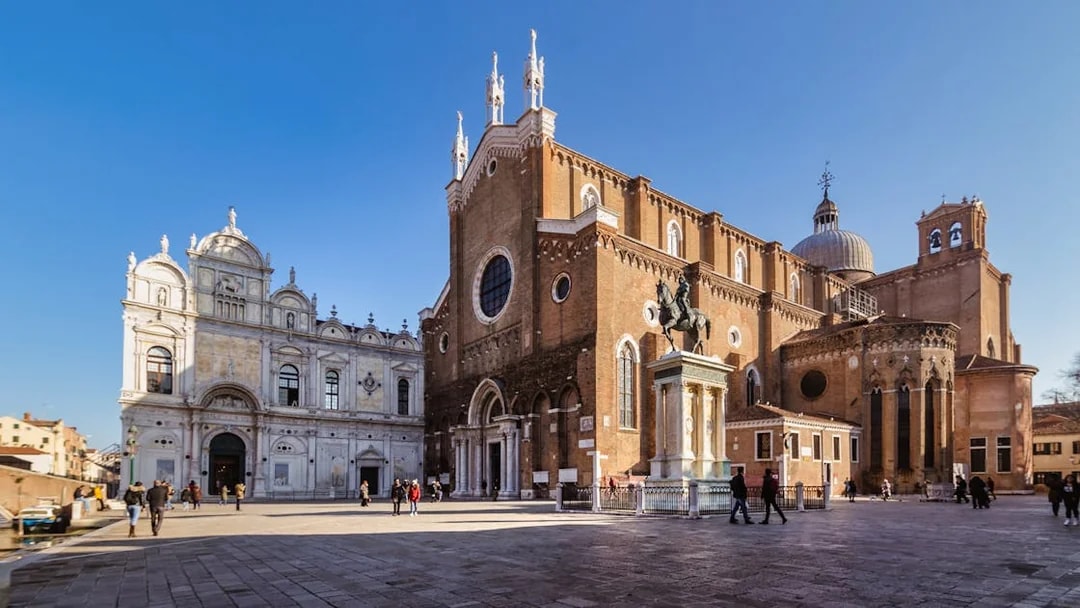 Venice walking tour with view of Basilica dei Santi Giovanni e Paolo and equestrian statue.
