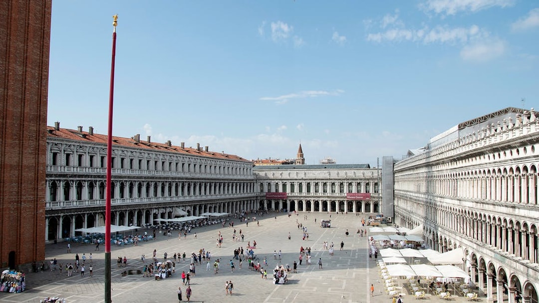 Aerial view of St. Mark's Square and Royal Palace Museum in Venice, Italy.