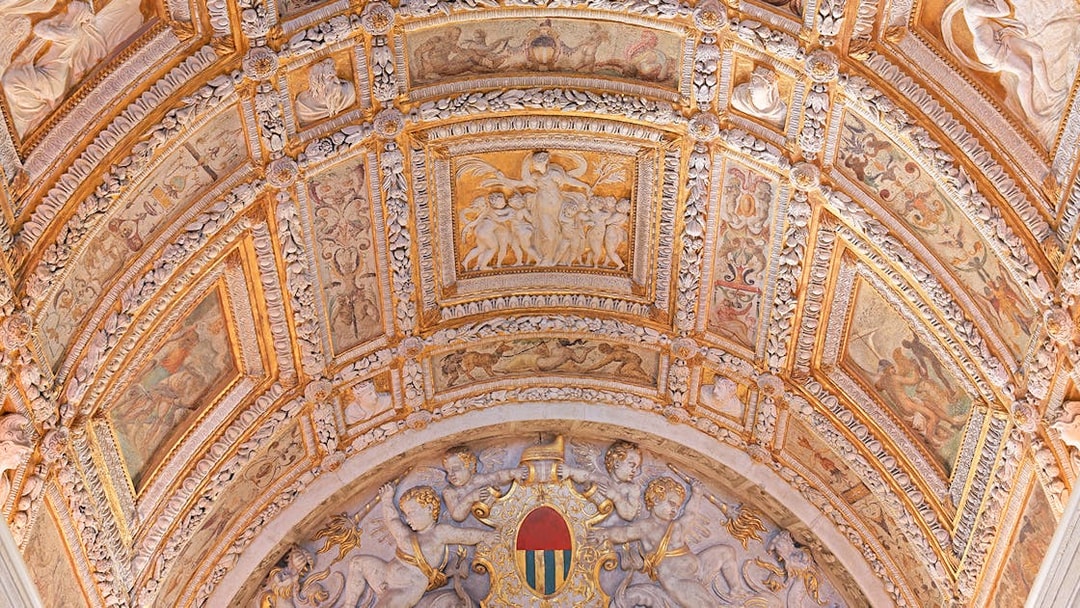 Scala d'Oro ceiling details, Doge's Palace tour, Venice.