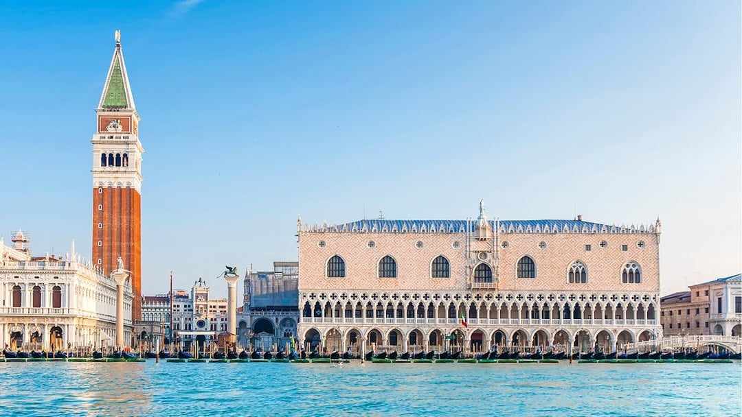 Doge's Palace and St. Mark's Campanile in Venice, view from the Grand Canal.