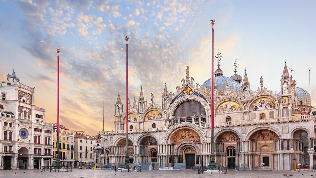 St. Mark's Basilica facade at sunrise, Venice Self Guided Audio Tour.