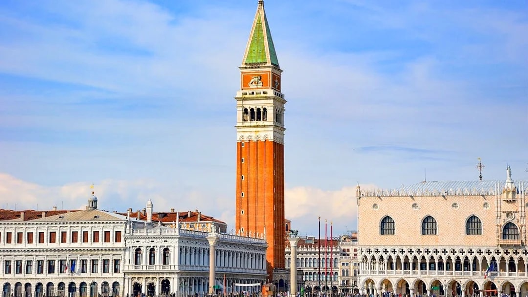 St. Mark's Campanile and Doge's Palace in Venice, view from Illy Cafe.