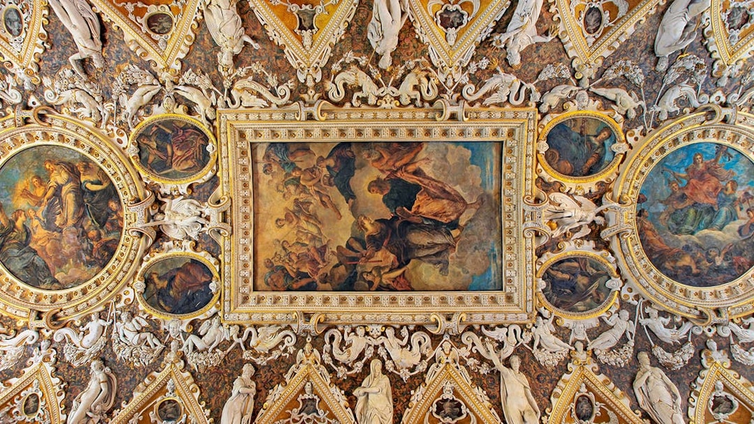 Ceiling paintings and ornate details in the Four Doors Room, Doge's Palace, Venice.