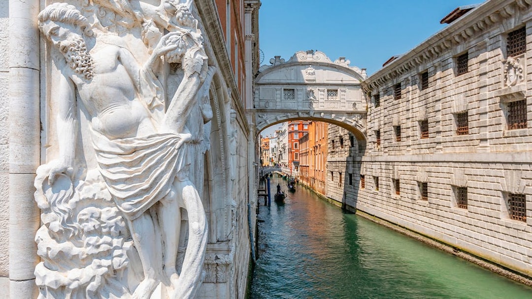 Bridge of Sighs over canal near Doge’s Palace Prisons, Venice.
