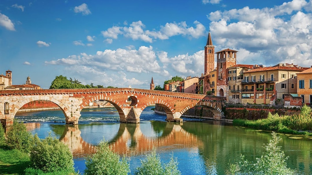 Verona's Ponte Pietra bridge over the Adige River, Italy.