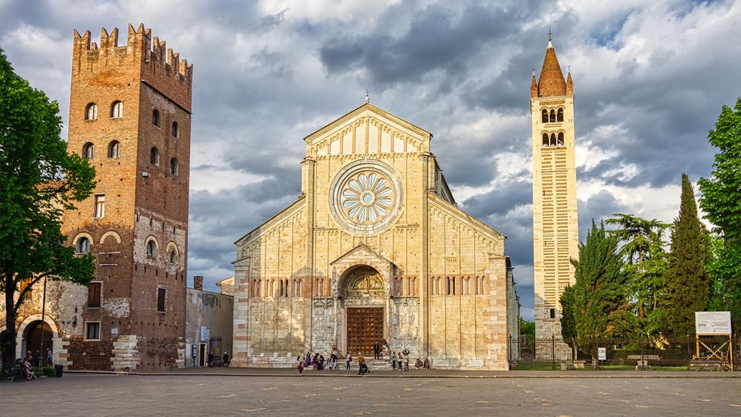 Basilica di San Zeno Maggiore facade with bell tower, Verona, Italy.