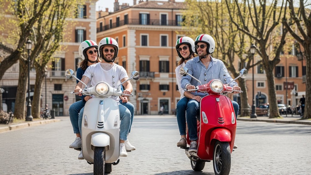 Couples riding Vespas on a cobblestone street in Rome.
