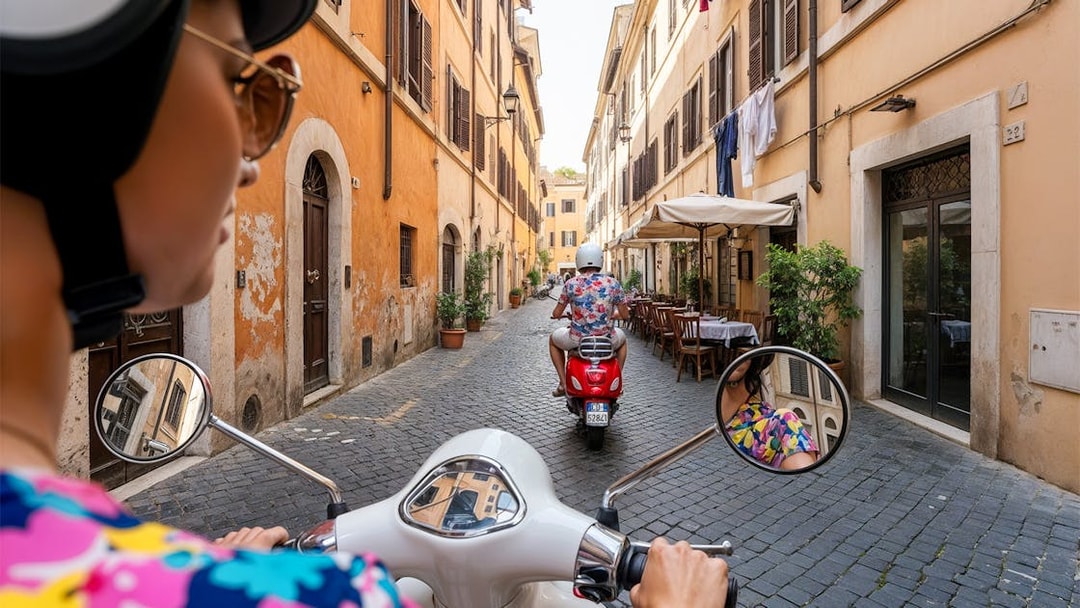 Tourists riding Vespas through a cobblestone street in Trastevere, Rome.