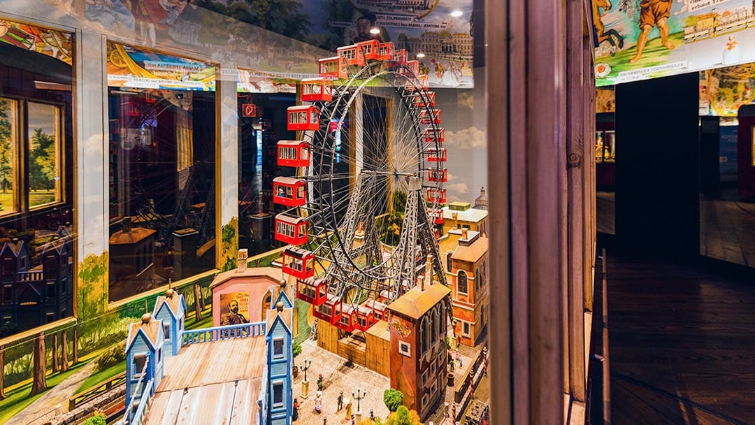 Model of Ferris wheel and historic buildings at The Wheel of History ‘Panorama’ exhibition.